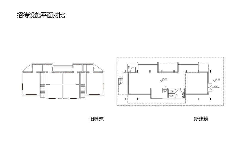 Floor plan comparison drawing showing existing symmetrical layout and new asymmetrical arrangement with central core