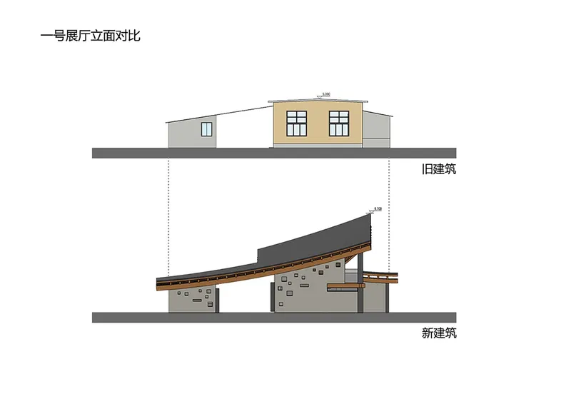 Elevation comparison drawing showing existing pitched roof building and new sloped roof structure with timber framing