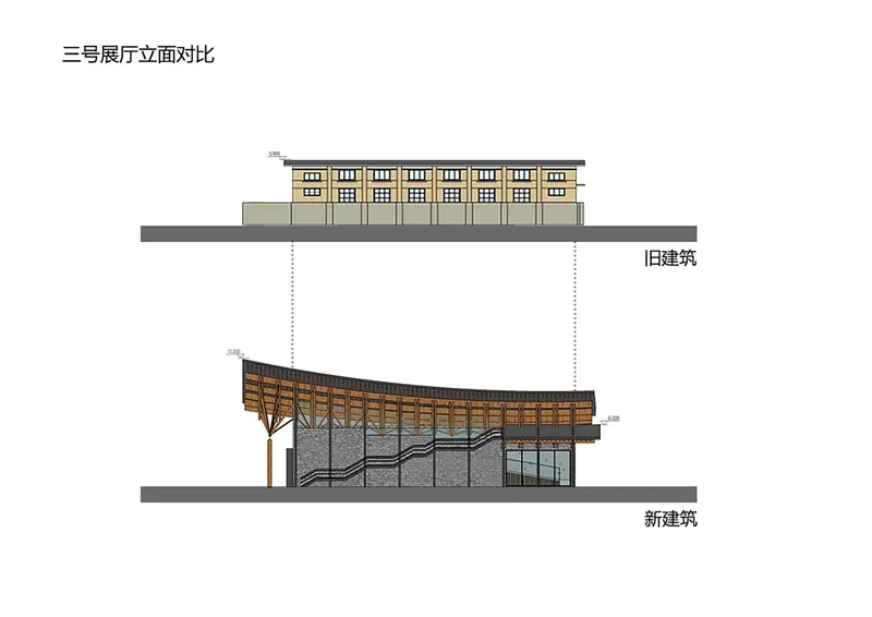Elevation drawing showing an existing long facade above a new curved timber roof with exposed columns