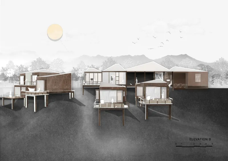 Elevation drawing showing clustered pavilions on stilts descending a slope with mountains and birds in the distance