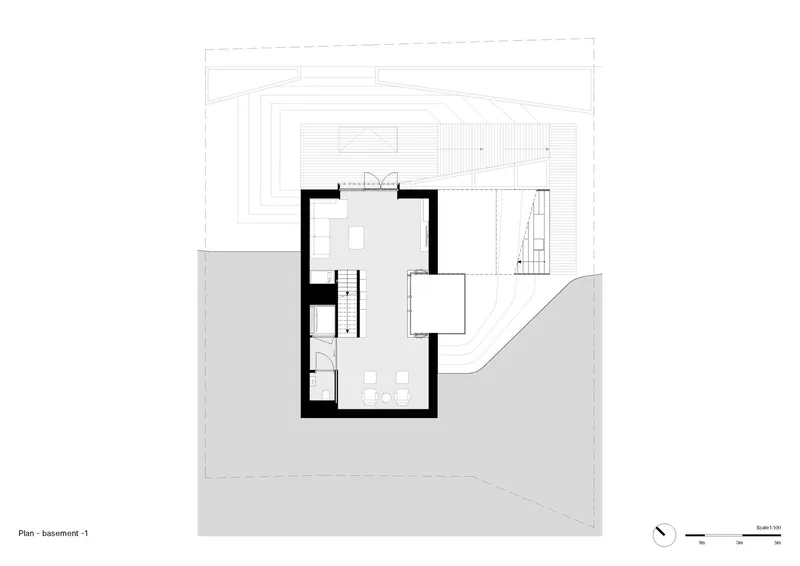 Ground floor plan drawing indicating living spaces adjacent to terraced outdoor area