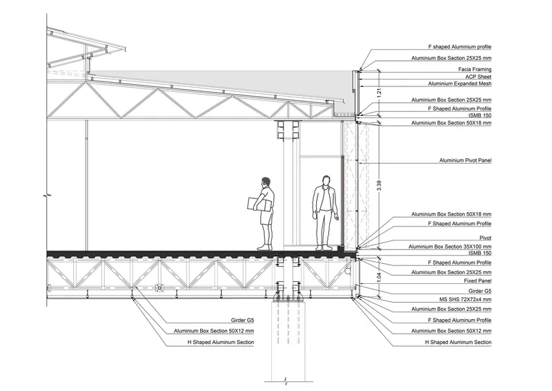Construction detail section drawing of aluminum truss assembly with two figures standing on the floor platform