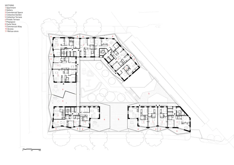 Floor plan drawing showing four residential volumes arranged around a central courtyard with tree canopies