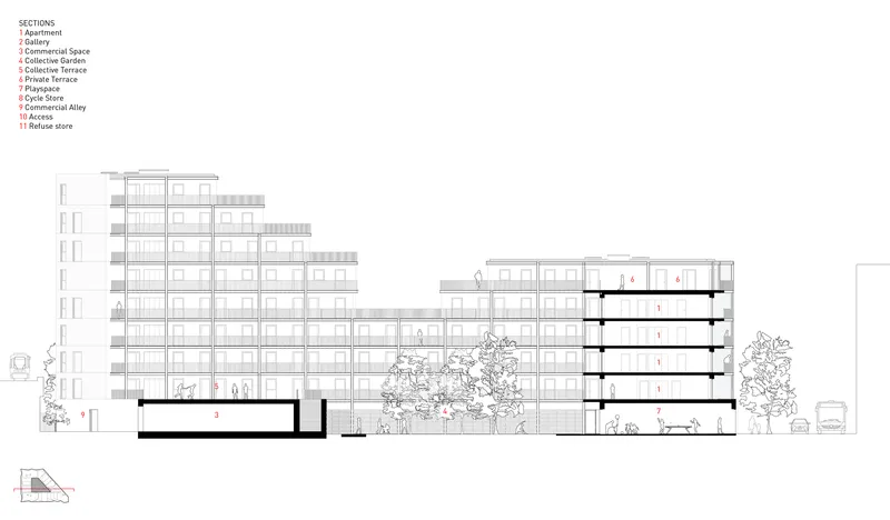 Section drawing showing stepped and terraced building volumes with trees in the central courtyard