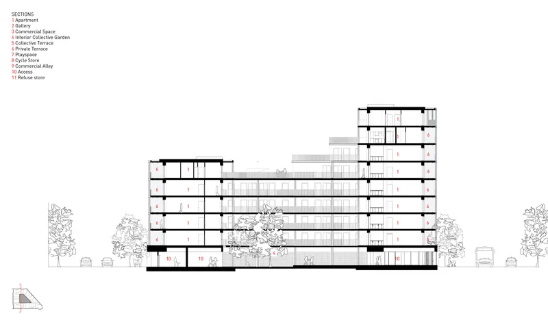 Section drawing showing varied building heights with a landscaped courtyard between residential blocks