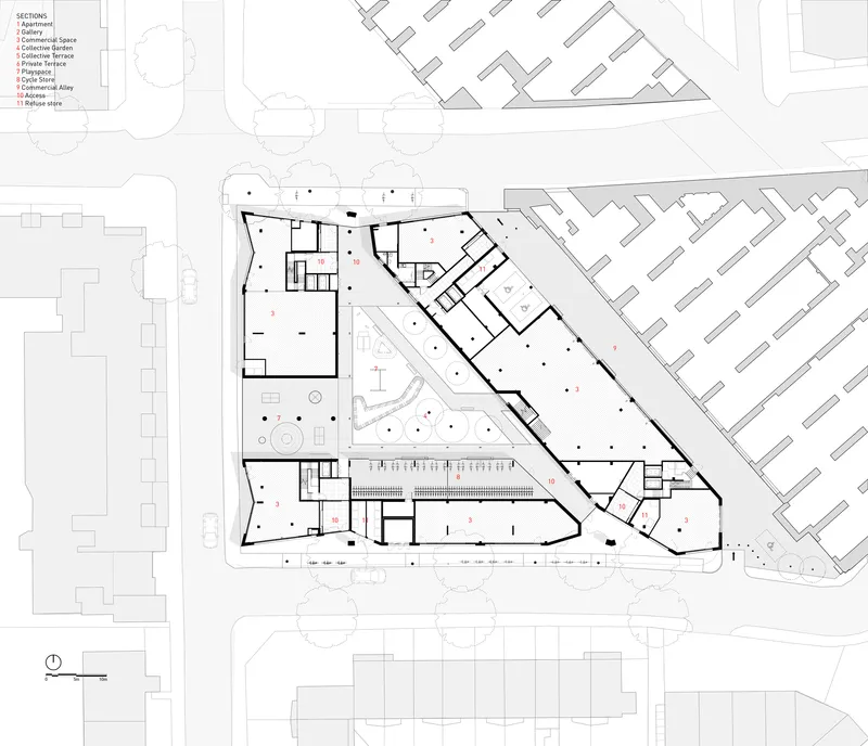 Ground floor plan drawing showing an irregular perimeter with central courtyard and surrounding residential units