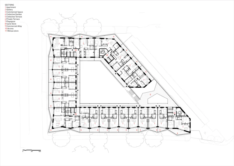 Upper floor plan drawing showing residential units arranged around a central courtyard with angled corners