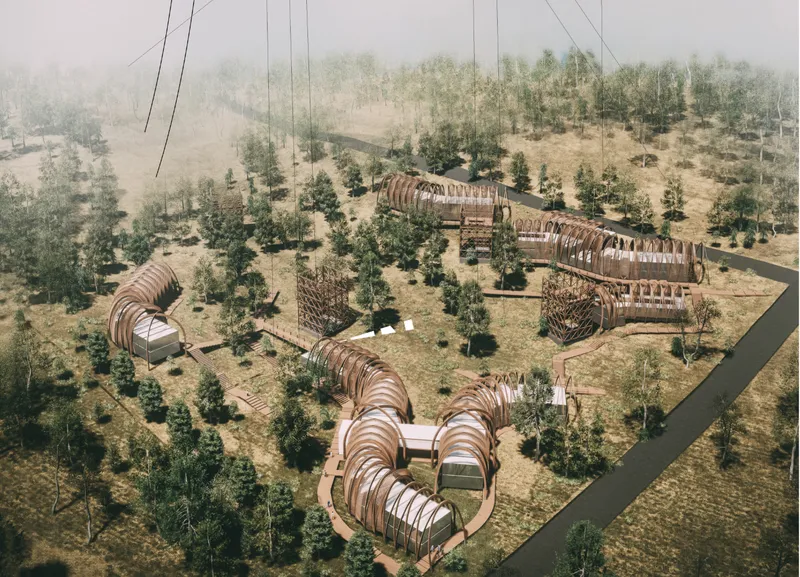 An integrated campus of clinics, rehabilitation spaces, visitor facilities, and viewing towers immersed in nature.