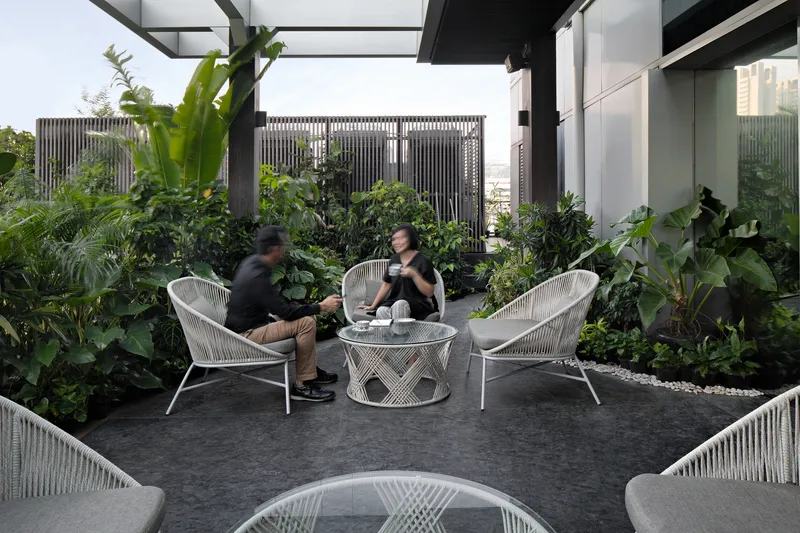Outdoor terrace with wire frame seating surrounded by dense tropical planting and slatted screening