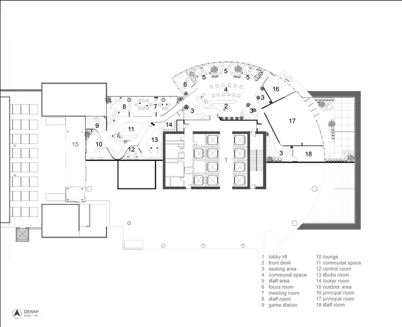 Floor plan showing curved layout with reception, conference room, and landscaped terrace areas