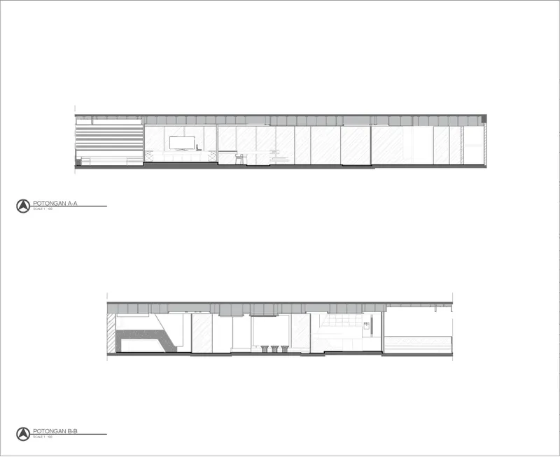 Section drawings showing interior spatial organization and ceiling heights across two parallel cuts
