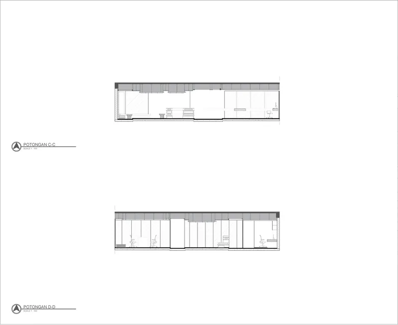 Section drawings illustrating two perpendicular cuts through the interior spaces and roof structure