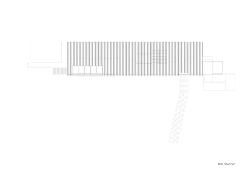 Roof floor plan drawing displaying closely spaced linear roof elements over the main volume
