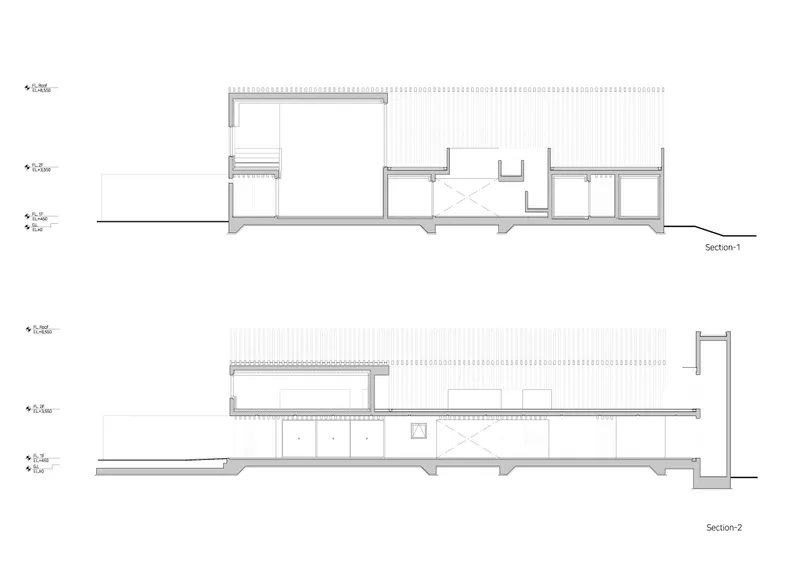 Section drawings showing the interior spatial arrangement and roof assembly across multiple levels