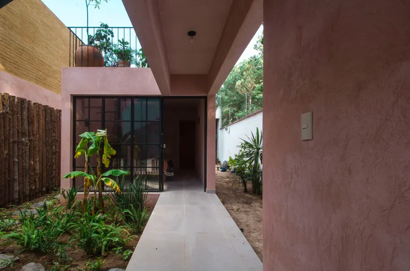 Concrete path leading to a black-framed glass door through a garden courtyard with banana plants
