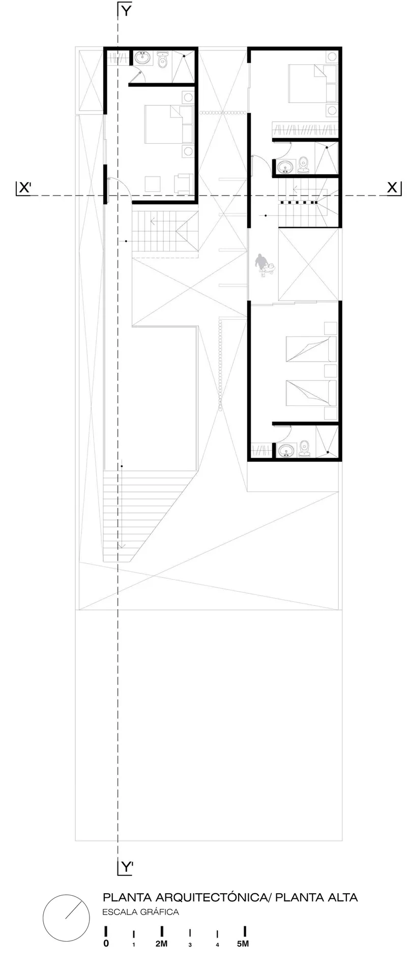 Upper floor plan drawing showing room layout with diagonal circulation paths and open terrace space