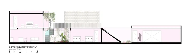 Section drawing showing split-level volumes with central courtyard, brick wall and planted greenery between spaces