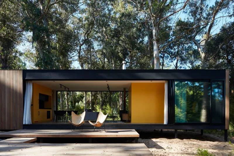 Front elevation showing the timber-clad facade with a wide covered terrace and yellow interior wall