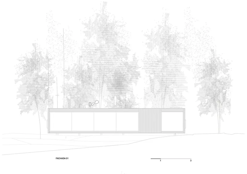 Elevation drawing showing a horizontal volume with glazed panels and tall trees rendered in line work