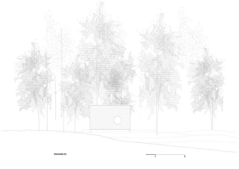 Elevation drawing showing a low horizontal volume with a circular window amid sketched palm trees