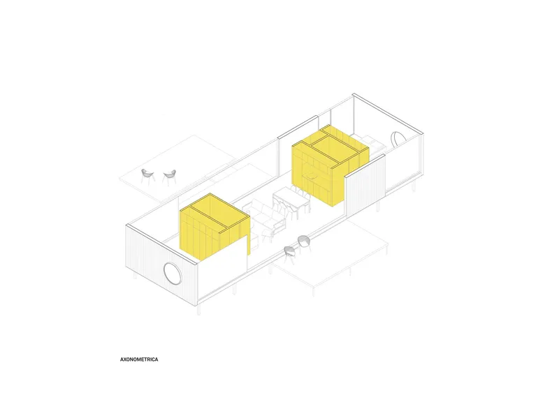 Axonometric drawing showing interior layout with two yellow storage volumes and furniture in wireframe