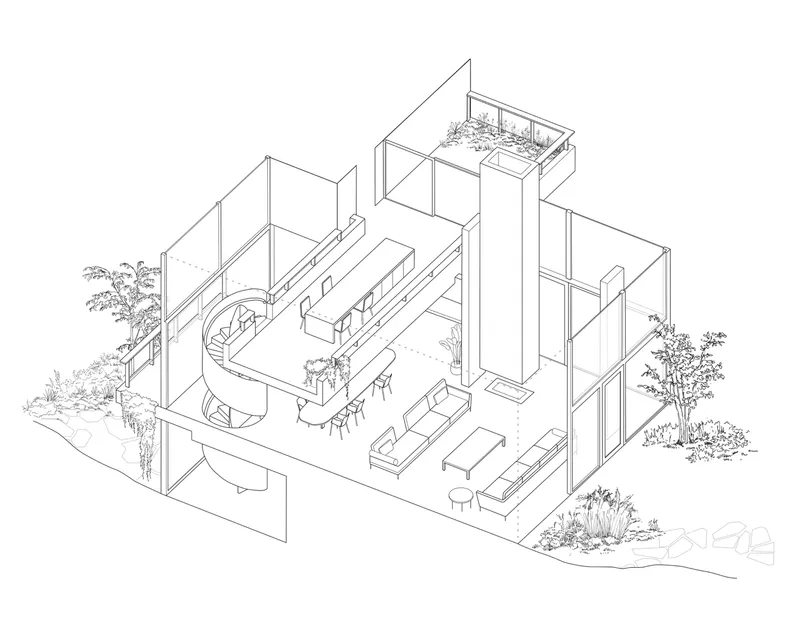 Axonometric drawing showing an open-plan interior with spiral stair, furniture layout and planted terraces