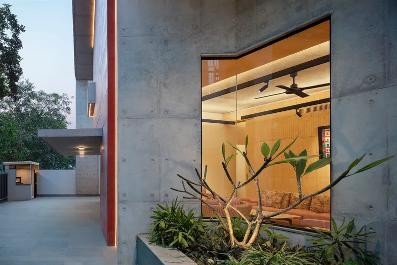 Courtyard view showing concrete walls and floor-to-ceiling glazing with planted bed and young tree at dusk