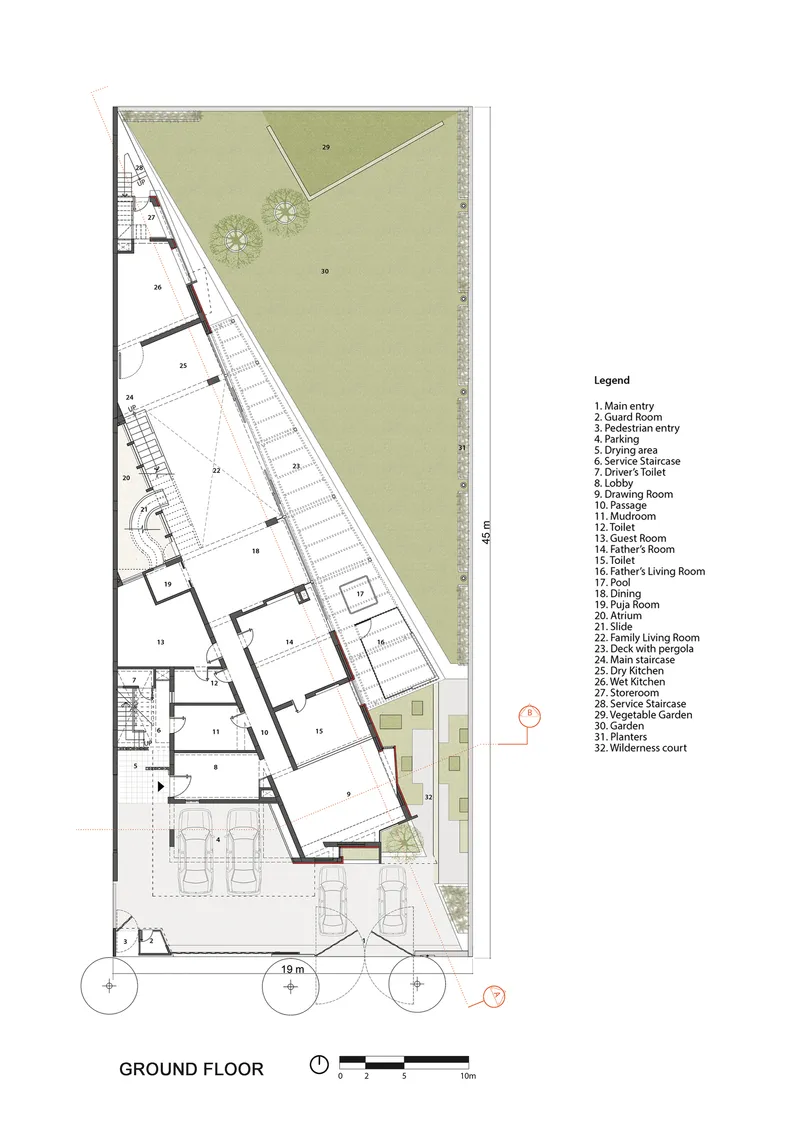 Ground floor plan drawing depicting angled geometry with main entry, living areas, and exterior garden court