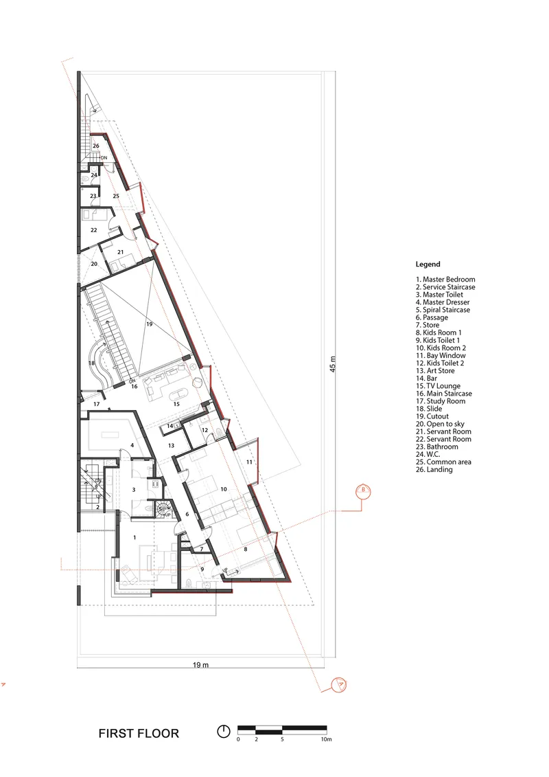 First floor plan drawing showing triangular layout with bedrooms, study spaces, and circulation along the angled perimeter