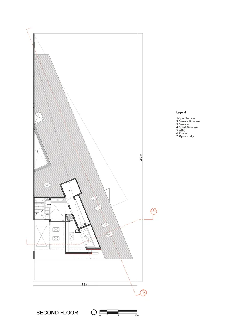 Second floor plan drawing illustrating open terrace with skylights and minimal enclosed service areas