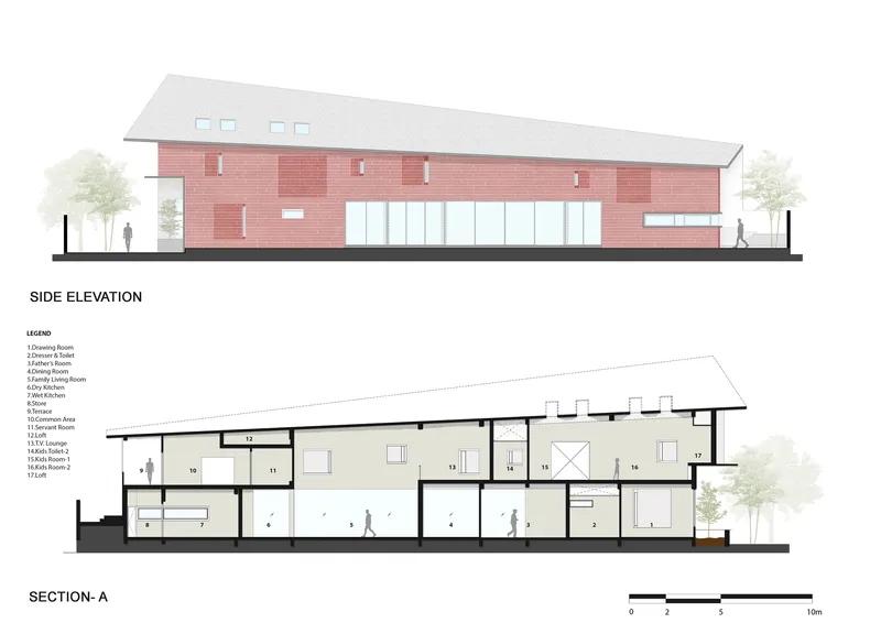Side elevation and sectional drawing showing the horizontal massing with pink brick and central glazing