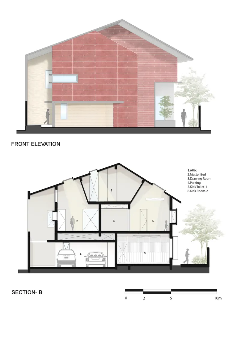 Front elevation and sectional drawing revealing the gabled pink brick form with skylit attic