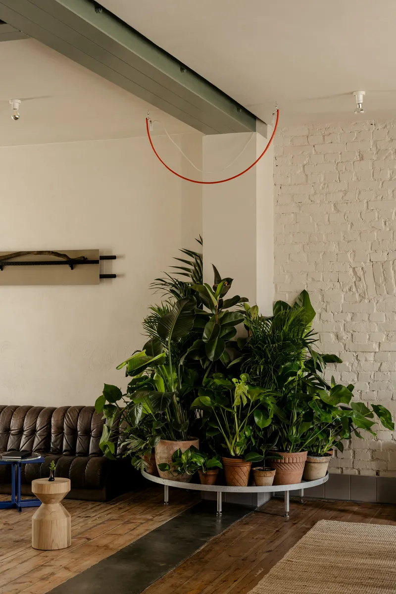 Living room corner with curved plant platform holding potted greenery below exposed steel beam