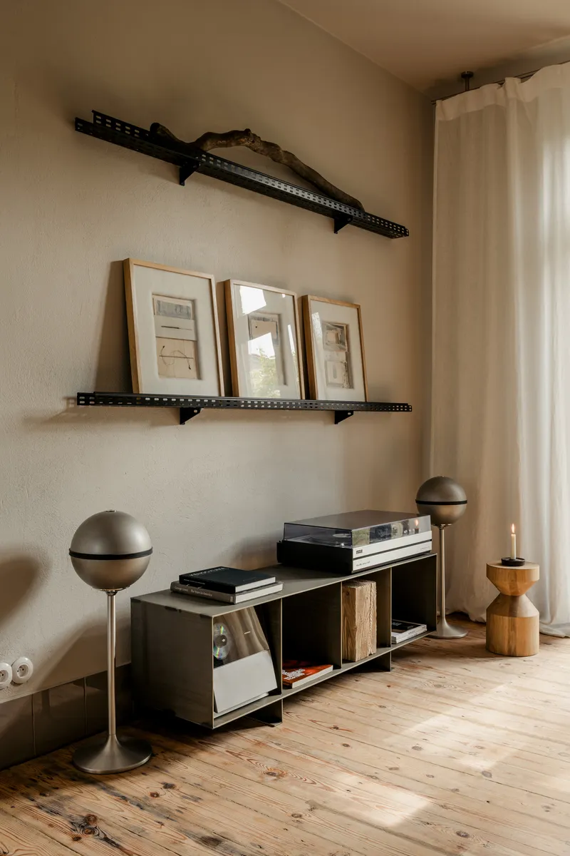 Living area with black metal wall shelves displaying framed artworks above a low media console