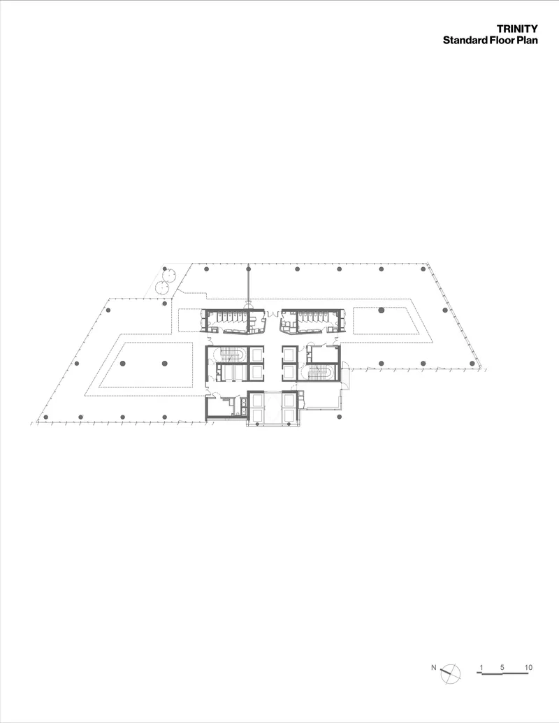 Standard floor plan drawing showing core volumes surrounded by open floor plates with perimeter columns