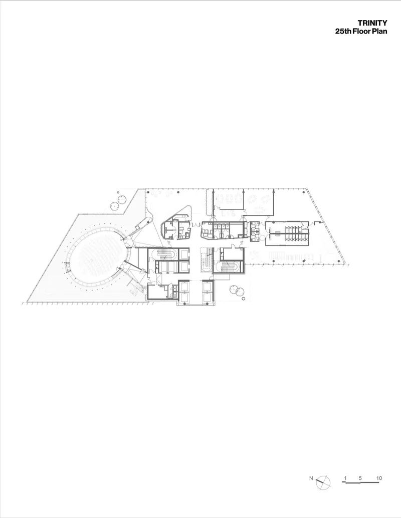 Floor plan drawing showing central core with curved terrace and perimeter columns on angled footprint