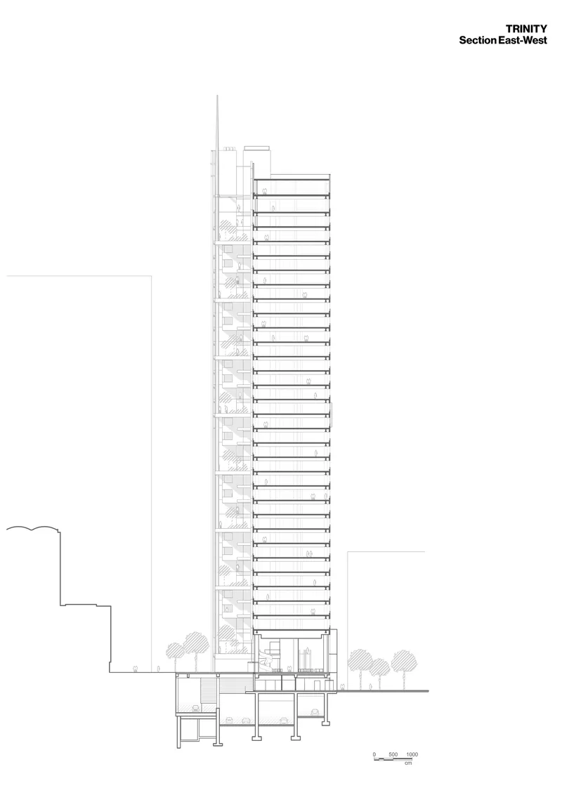 East-west section drawing showing slender tower rising above terraced base with street trees