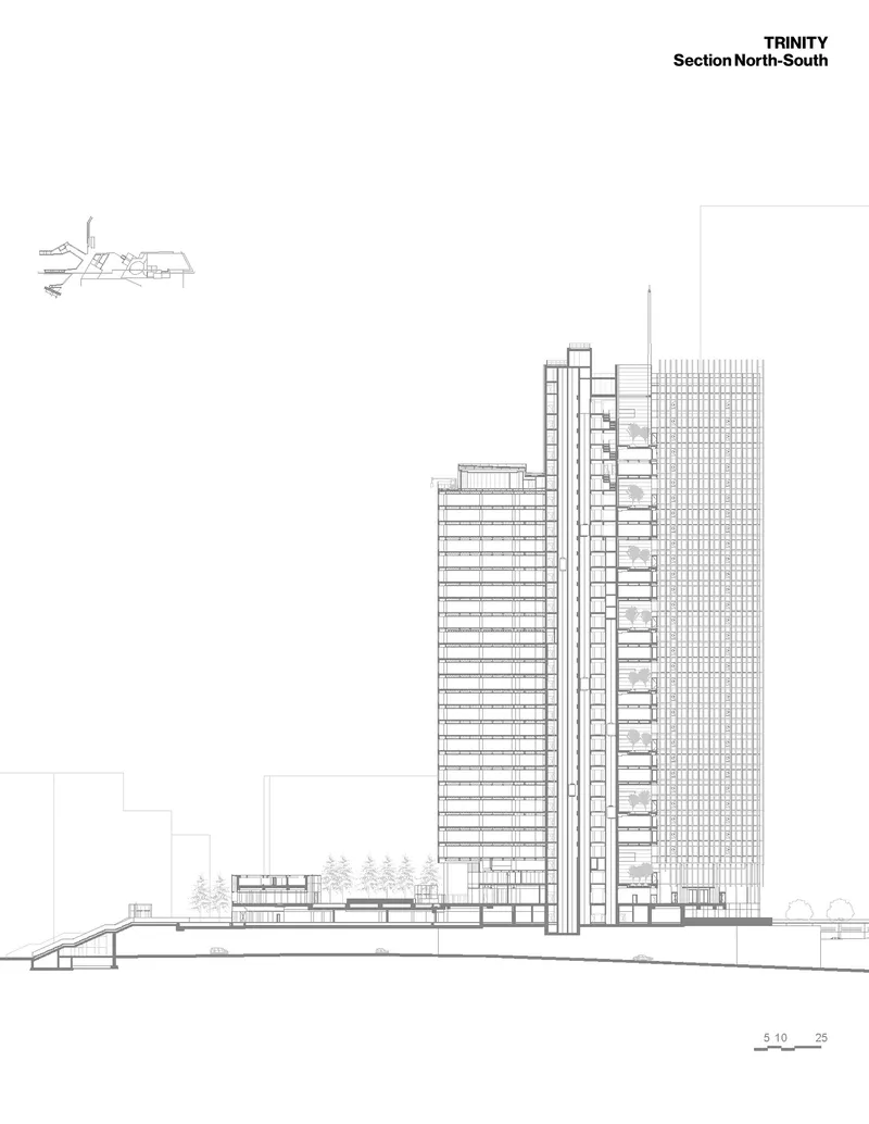 North-south section drawing showing three tower volumes of varying heights with podium and plaza