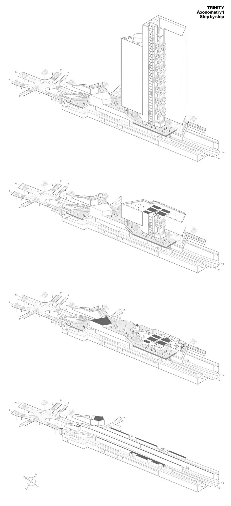 Axonometric sequence showing tower and linear infrastructure elements dissolving across four stages