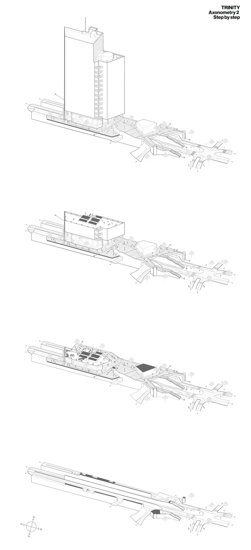 Axonometric sequence showing tower and linear base volumes progressively removed across four stages