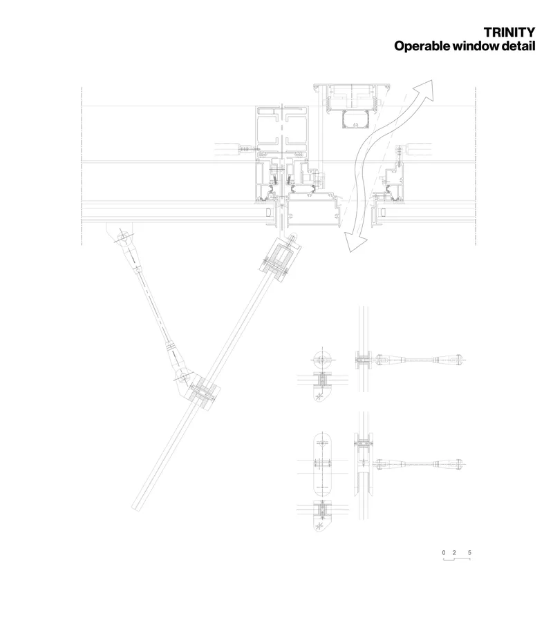 Technical detail drawing of an operable window assembly with ventilation arrows and connection diagrams
