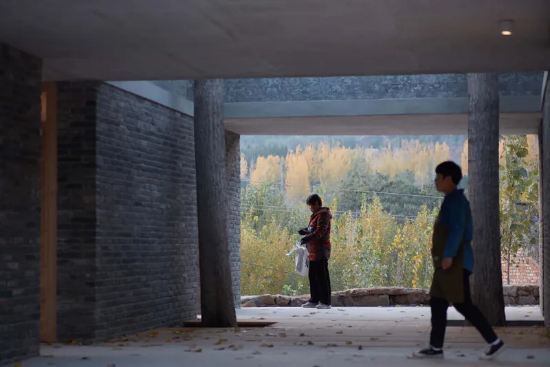 Interior space framing two figures looking toward autumn landscape with preserved tree trunks at dusk
