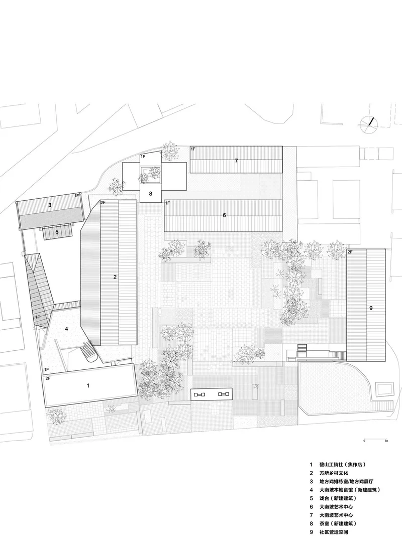 Site plan drawing showing multiple building volumes arranged around a paved courtyard with scattered trees