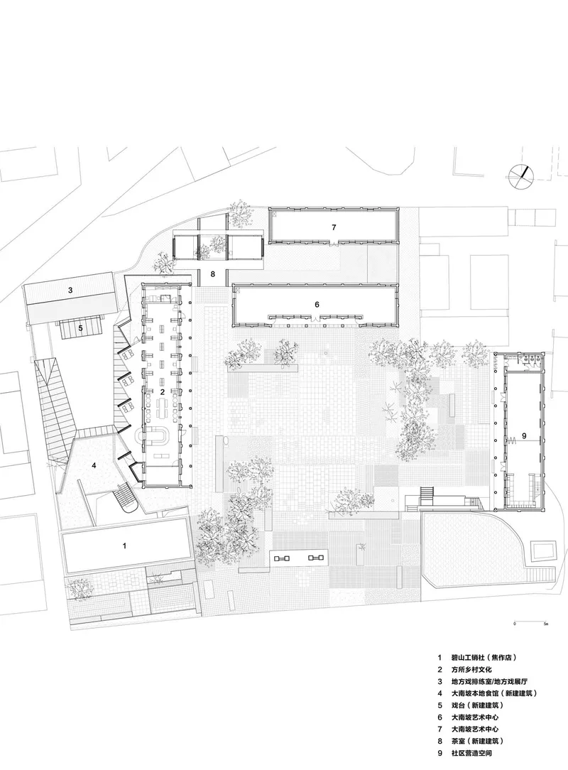 Floor plan drawing showing interior layout with furniture arrangement and central courtyard with vegetation