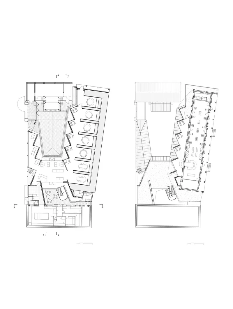 Floor plan drawings showing two levels of a building with angled volumes and central voids