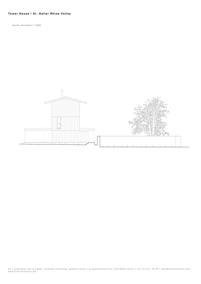 North elevation drawing depicting the tower form with siding and adjacent planted terrace