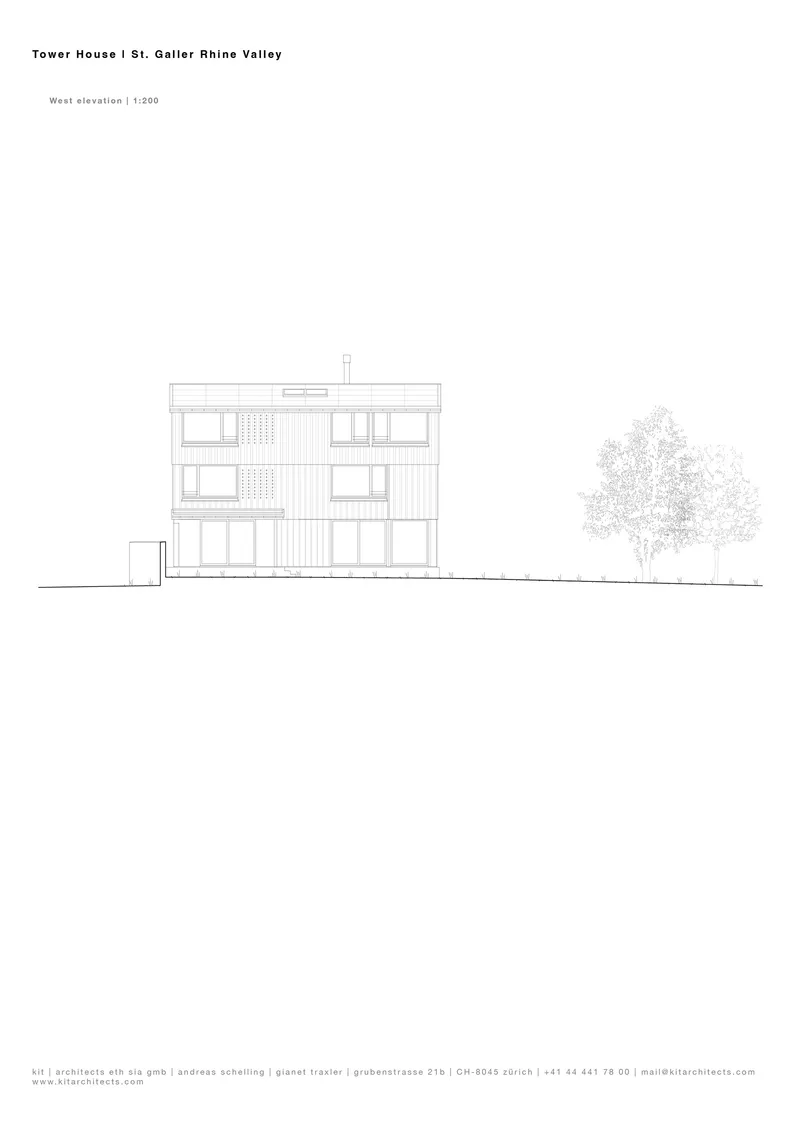 West elevation drawing showing a three-story timber-clad facade with balconies and a single tree
