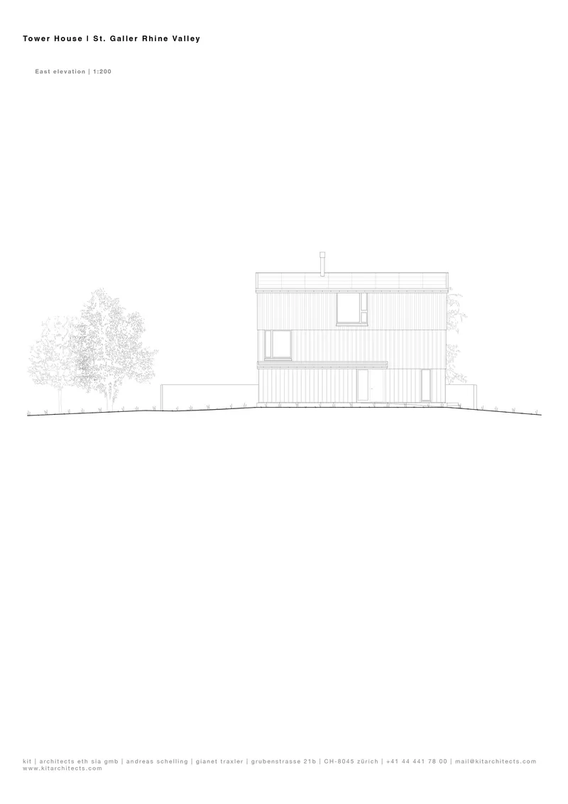 East elevation drawing depicting a three-story vertical slatted facade flanked by two trees