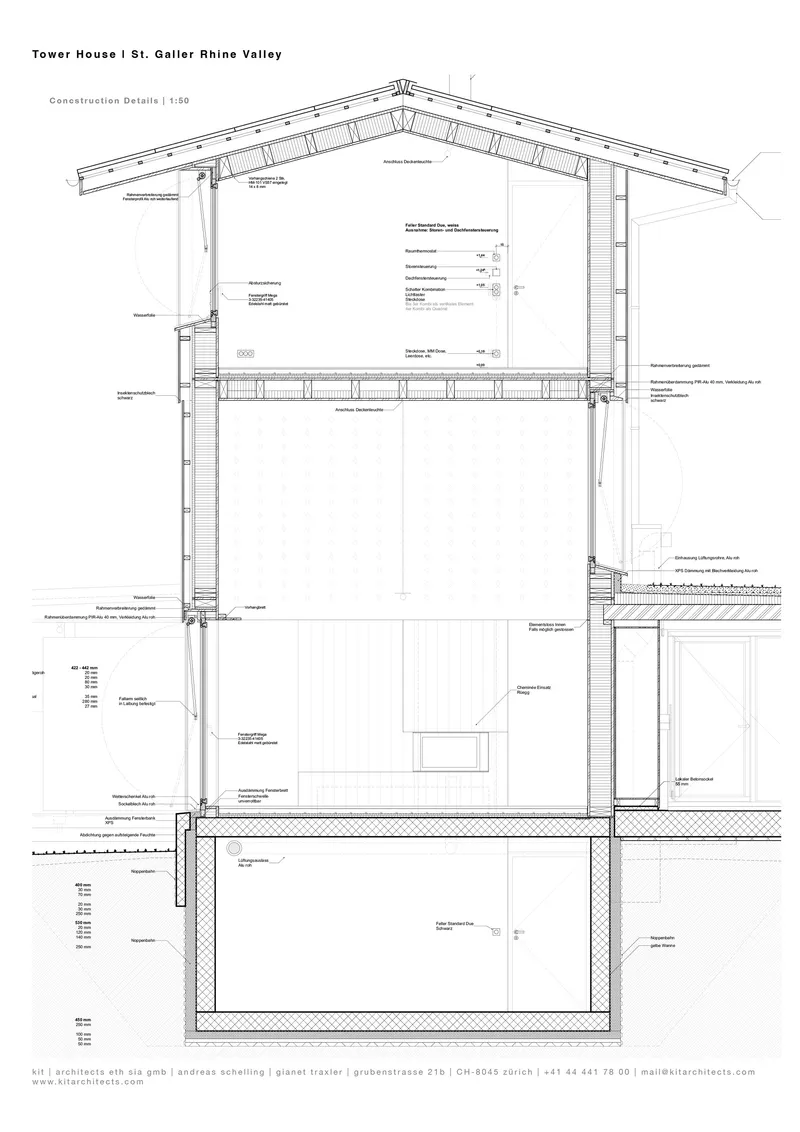 Construction detail section drawing showing roof assembly, wall system, and foundation connections