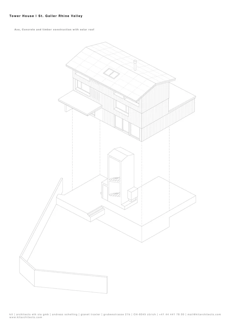 Axonometric drawing showing a tower volume rising from a lower plinth with adjacent terrace
